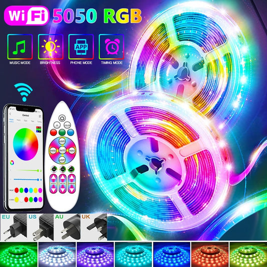 Wi-Fi 5050 RGB LED Light Strips with Bluetooth | Flexible 30LEDs/M RGB Strip Lamp | DC 12V Backlight Tape Mural for TV Home Decoration