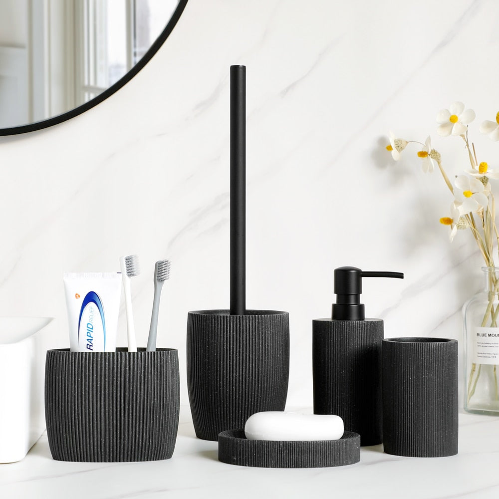 Sleek Black Bathroom Set: Soap Dispenser, Toothbrush Holder, Tumbler, Soap Dish, Mouthwash Cup, Toilet Brush Holder