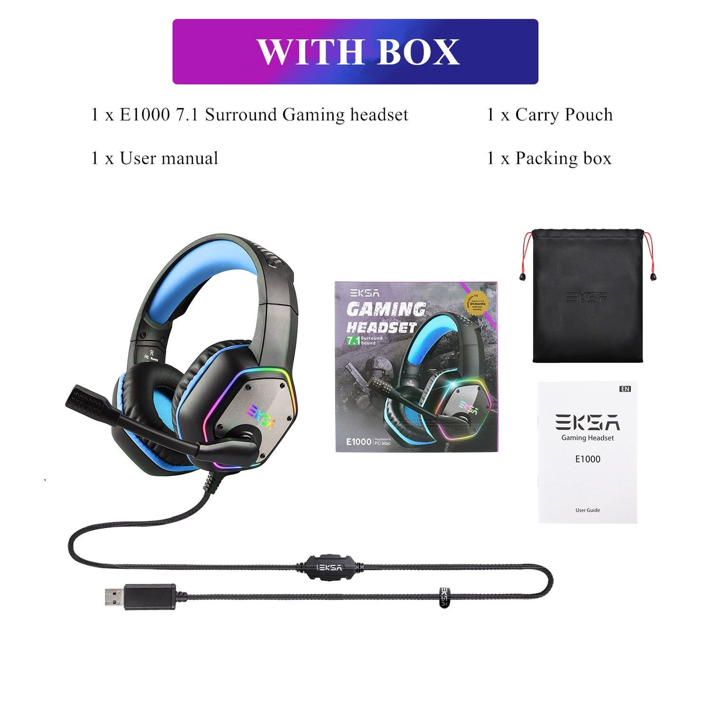 Gaming Headphones For PC/PS4/PS5 EKSA E1000 7.1 Surround RGB Gaming Headset Gamer USB Wired Headphones with Noise Cancelling Mic