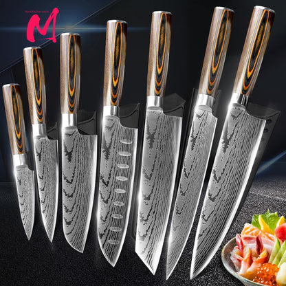 Chef Knife Set - 7CR17 440C High Carbon Stainless Steel Blades with Imitation Damascus Design and Precision Laser Finish for Culinary Mastery