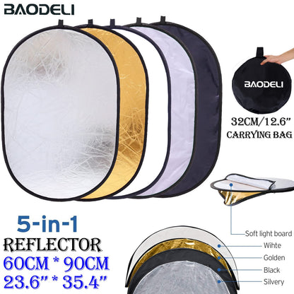 23.6"x35.4" 60x90cm 5in1 Reflector Photography Collapsible Portable Light Diffuser Oval Photo Multi Color Silvery Black