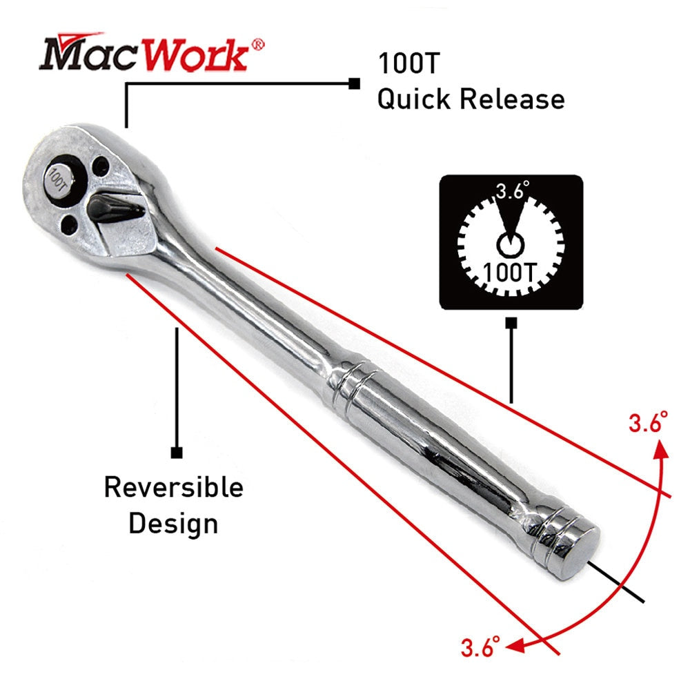 Quick Release Ratchet Handle with 100 Teeth for Narrow Space - Higher Teeth Count Than Standard Ratchets - 1/4", 3/8", or 1/2" Drive