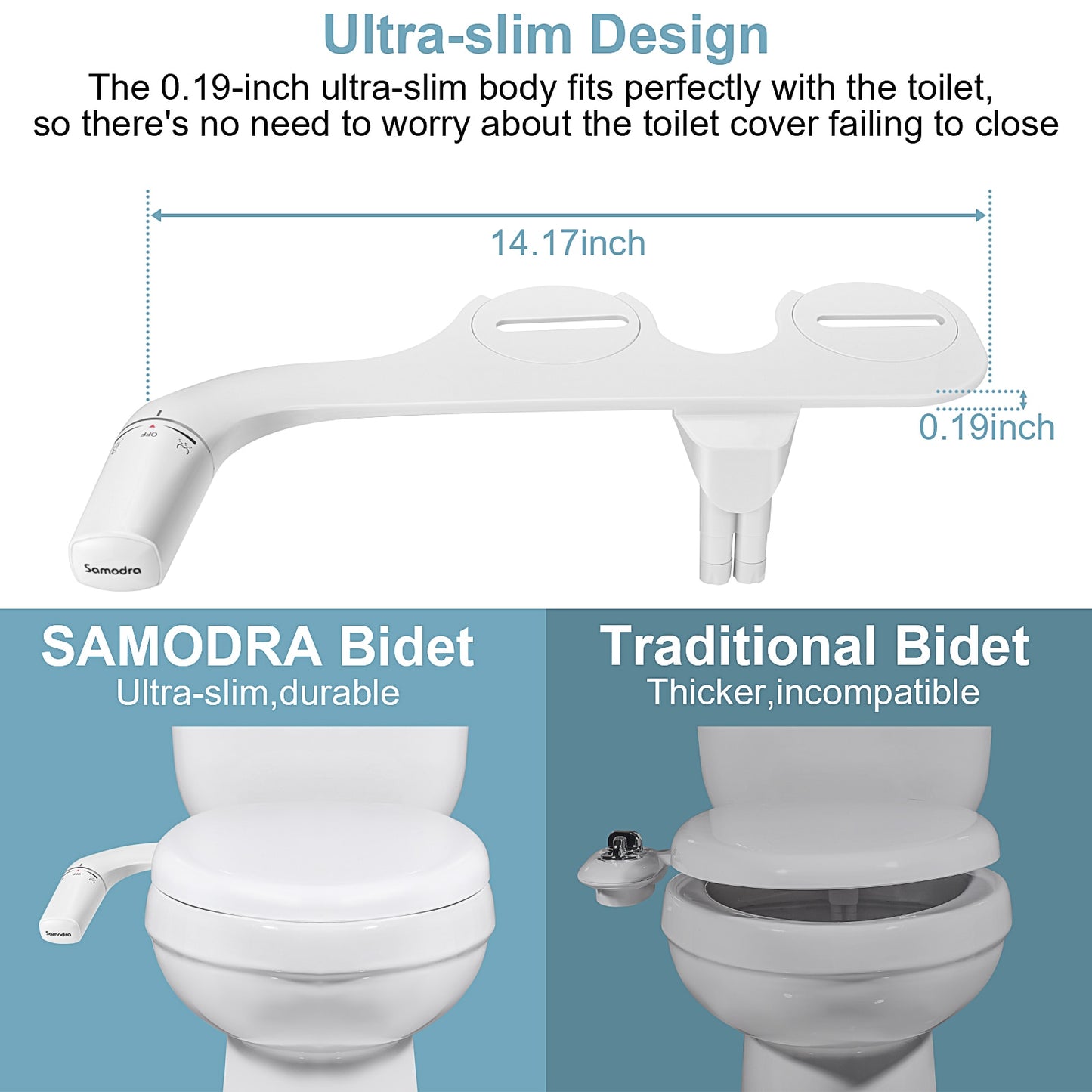 SAMODRA Bidet Attachment Ultra-Slim Toilet Seat Attachment Dual Nozzle Bidet Adjustable Water Pressure Non-Electric Ass Sprayer